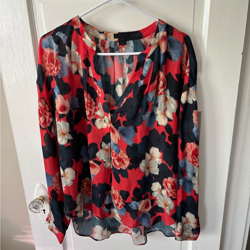 J. Crew 100% Silk Red and Navy Floral Blouse
